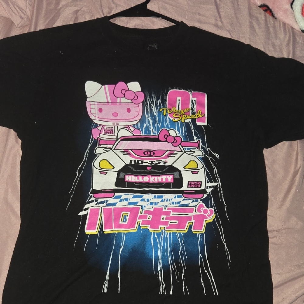 Hello Kitty Black Tee with Pink and Blue Racing Graphic